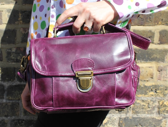 Multi Compartment Purple Leather Bag, Funky, Mini Satchel Purple  