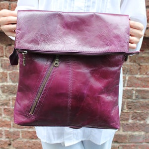 Amelie bag Purple leather, Messenger Bag, Large Flat bag, Slanted front zip pocket, Cross body Bag, Flap over purple purse, Adjustable strap