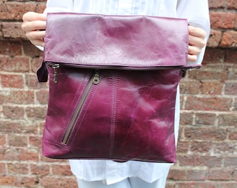 Purple Leather Messenger Bag: Flapover Crossbody with Zip Pocket