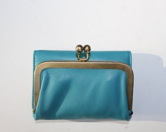 Cartera con clip, cartera pequeña con cierre turquesa, monedero con clip de bola azul cian, cartera azul pequeña con clip, área para notas, monedero y espacio para tarjetas azul