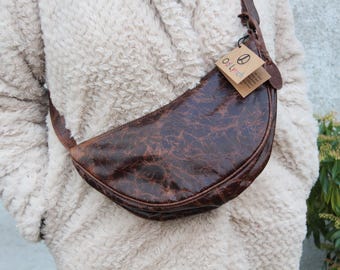 Half moon Crescent shape distressed brown leather bag, Dumpling, Banana, 'Bobby'
