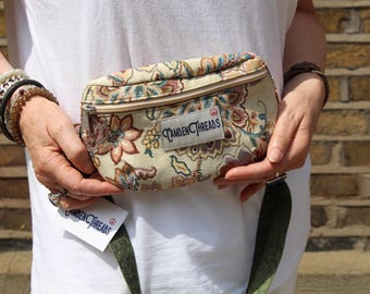 Floral Tapestry Mini Bum Bag: Cotton Fanny Pack With Card Slots