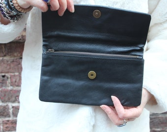 Black leather clutch, Clutch bag zipped, Large clutch bag with 2 compartments, Genuine leather clutch, YKK zip, Evening bag Black, LA clutch