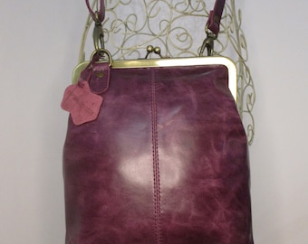 Purple Leather Crossbody Bag, Vintage Style Kiss Lock Frame Bag, 'Malaga'