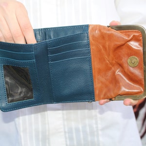 Ball clasp wallet, Tan and blue interior, Genuine leather, Card spaces, Coin purse, Clip frame wallet, Note compartment, Evanna wallet clip