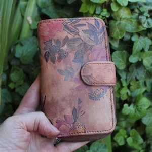 Fabiana Cartera extra grande, Espacios para tarjetas múltiples, Compartimentos para notas, Cuero genuino estilo vintage estampado floral, Área de monedas seccional grande