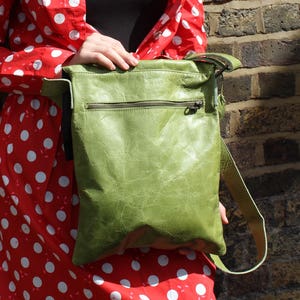 Messenger Bag, Avocado Green, Apple green, Front pocket, Back pocket, Large envelope flap over bag, Adjustable, Flat but roomy, YKK ZIPS image 4