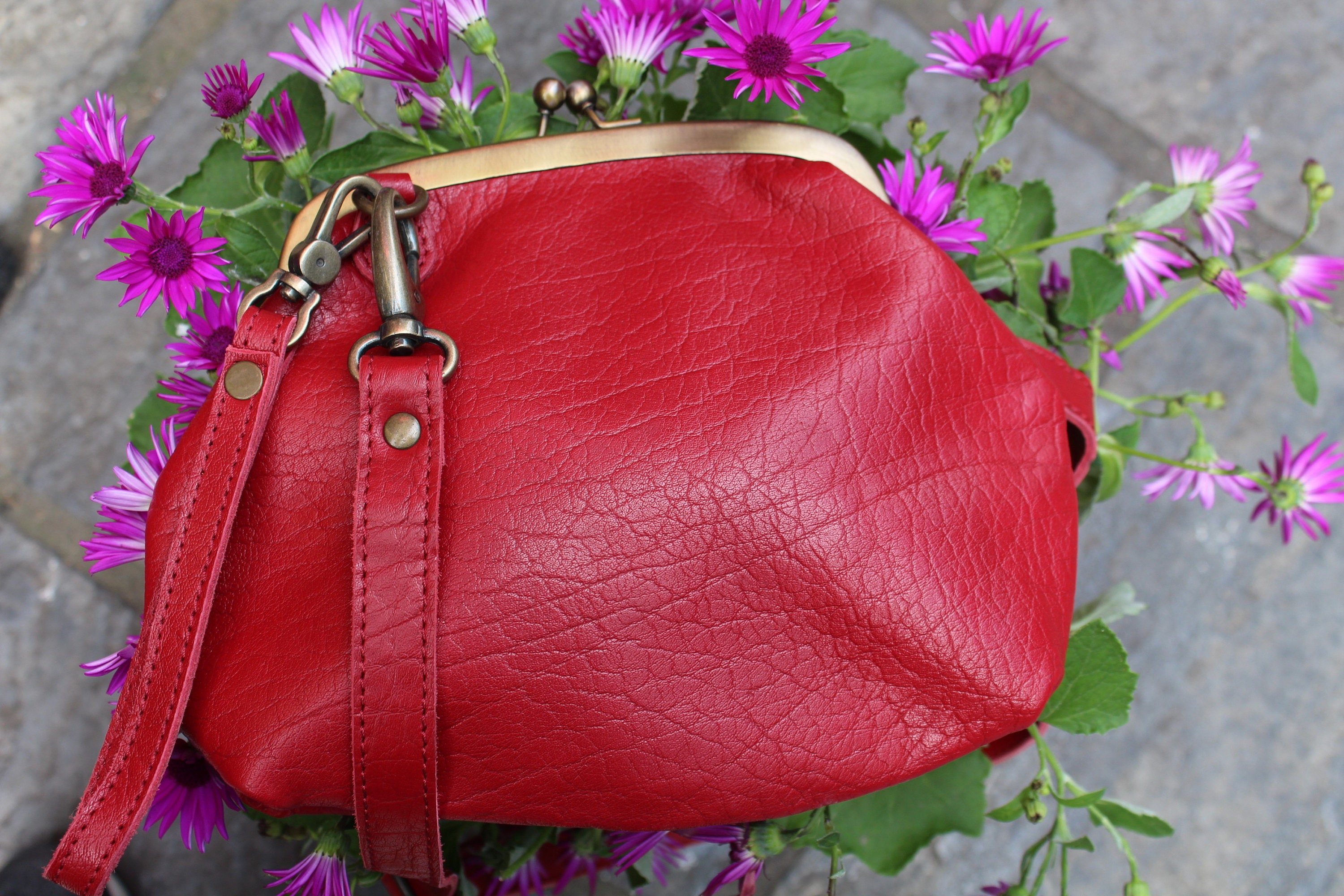 Red Leather Frame Bag: Vintage Kiss Lock Clutch, Crossbody Purse