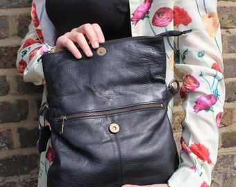 Mini Amelie Black Leather Foldover Messenger Bag Multiway 