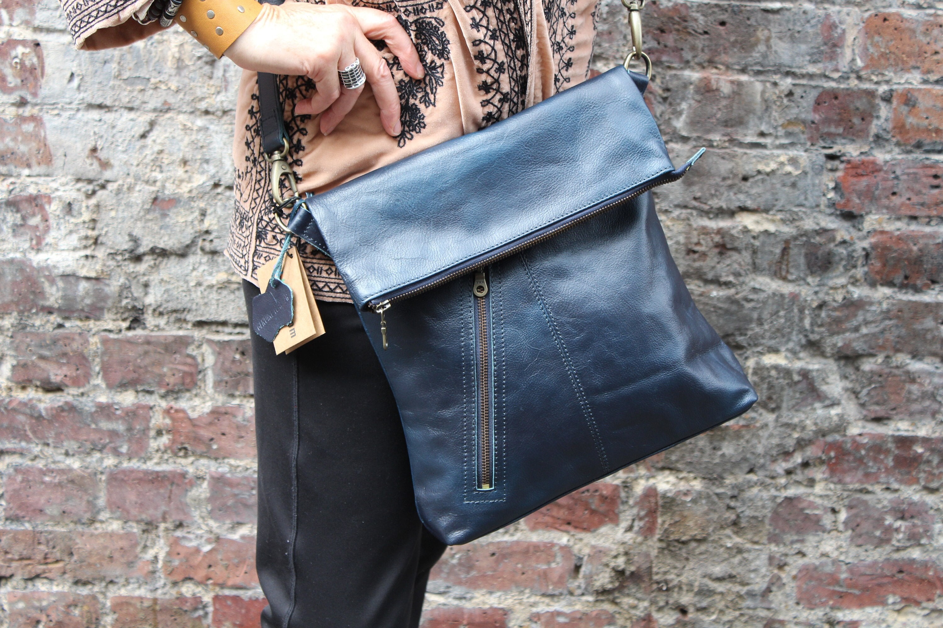 Navy Leather Messenger Bag Slanted Front Pocket YKK Front Zip Pocket Amelie Bag Back Zip Internal Pockets Across Body Bag Flap Over Etsy