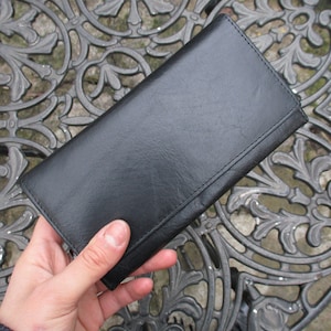 Bolsa de couro macio preta, carteira grande com clipe, compartimento múltiplo de luxo, carteira longa com clipe interno, estilo vintage, bolsa com fecho para moedas, notas