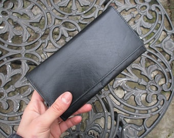 Black Hard Leather purse, Large Clip Wallet, Luxury Multi-compartment , Long Internal Clip Wallet, Vintage Style, Coin clasp purse, Notes