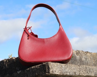 Red Leather Baguette Bag: Minimalist Mini Shoulder Handbag, Winnie
