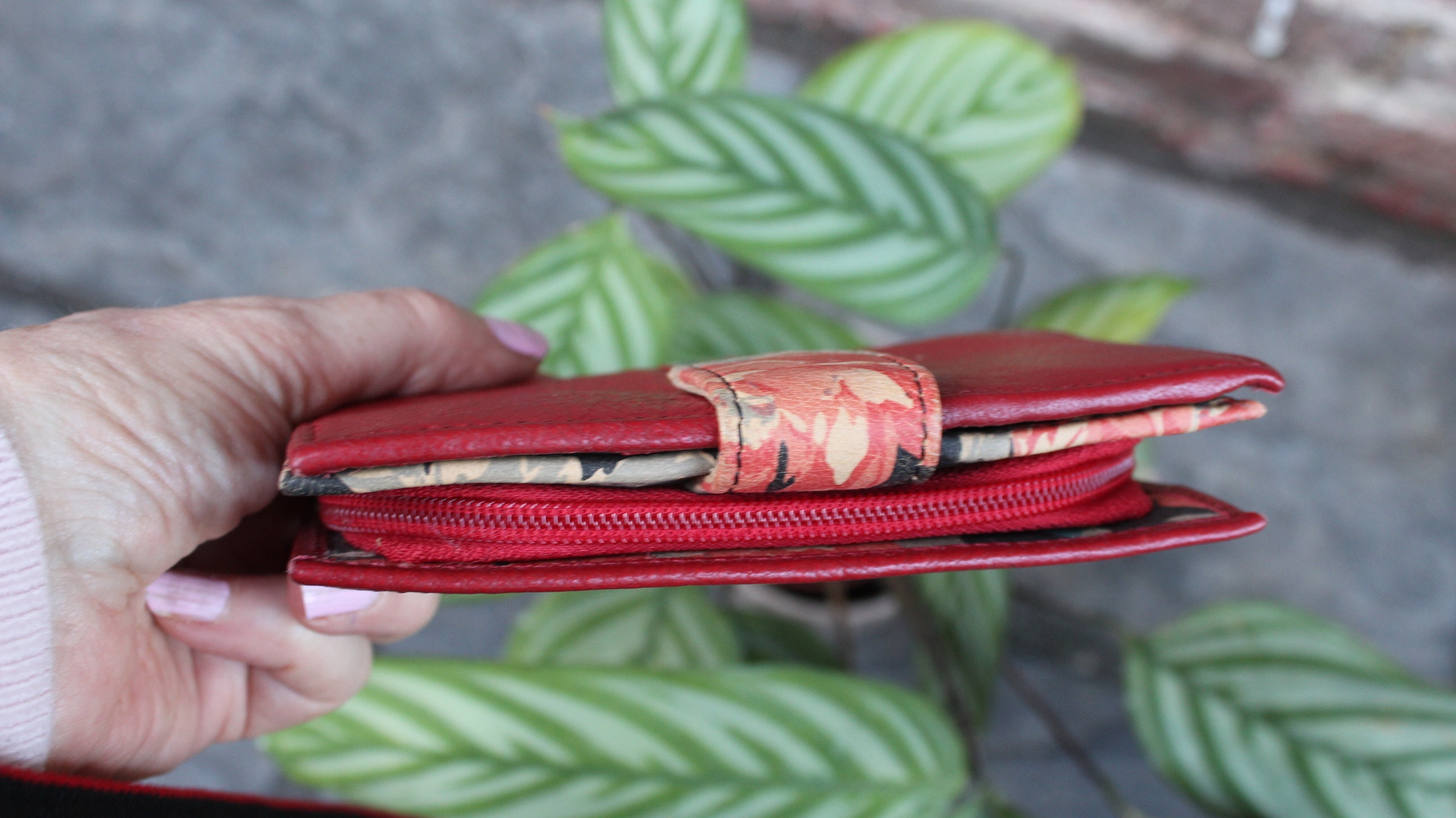 Medium Size Leather Wallet Red and Floral Stripe and Etsy UK