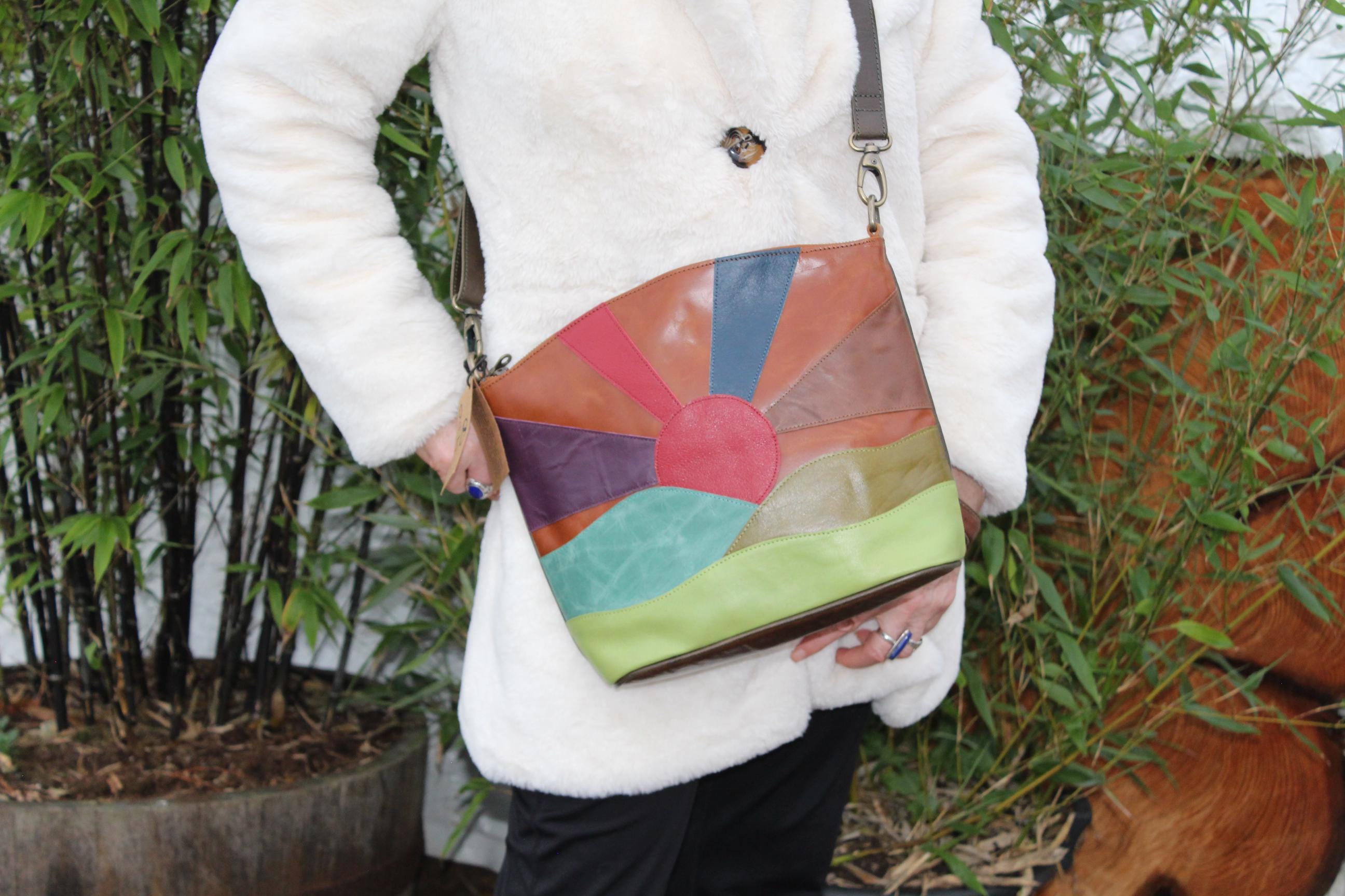 Patchwork Leather Crossbody Bag: Vintage Sunset Design - Etsy