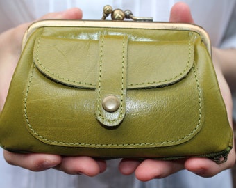 Verde abacate, Amy Purse Kissclip, carteira pequena de couro estilo vintage, feita à mão, bolsa com fecho duplo na parte superior, bolso frontal, zíper na parte inferior, presente