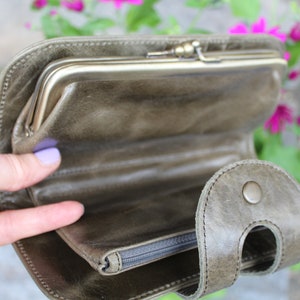 Portefeuille en cuir vert olive en détresse vert olive, surdimensionné, portefeuille à fermoir à double boule, sac à main intérieur zippé, portefeuille Big Fat, sac à main clip Kiss