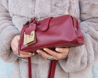 Red Leather Doctor Bag: Small Crossbody Purse with Adjustable Strap