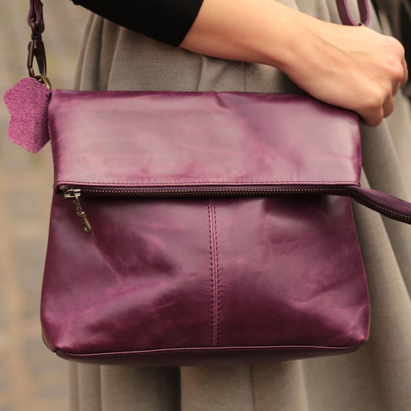 Mini Amelie Purple Leather, Fold over Messenger Bag, Medium size purse, Zips front and back, Internal compartments, Adjustable strap, Light