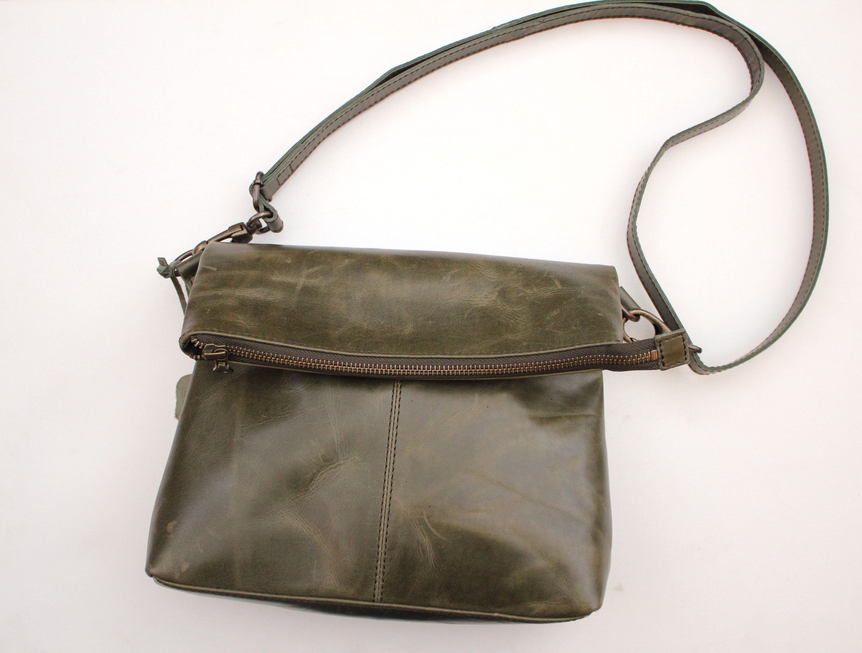 Distressed Olive Green Leather Fold Over Messenger Bag, Mini Distressed Olive Green Leather Fold Over Messenger Bag, Mini