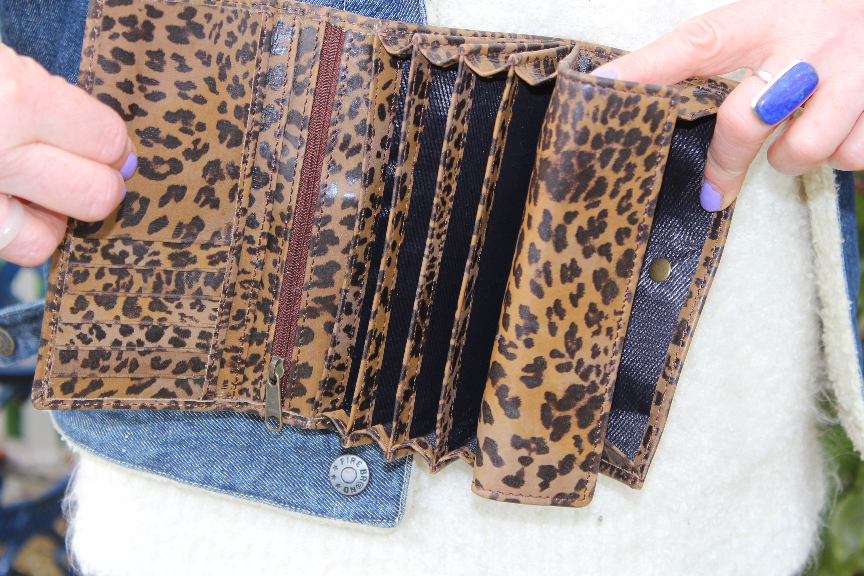 Fossil Leopard Print Wallet Black Leather Hair Fur Bi Fold 