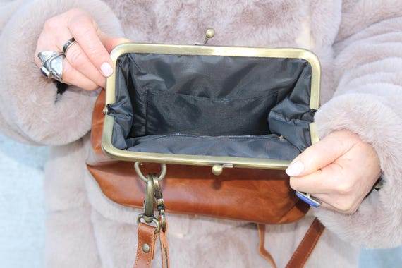 Tan Leather Boston Bag: Kiss Lock Top Clasp, Crossbody Purse Tan Leather Boston Bag: Kiss Lock Top Clasp, Crossbody Purse