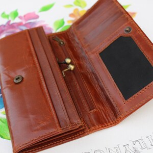 Cartera grande con clip, piel color canela, ranura para billetes, clip para besos, cierre con broche para monedas, cartera grande de piel color canela, ranura para fotos, bolsillos delanteros y traseros