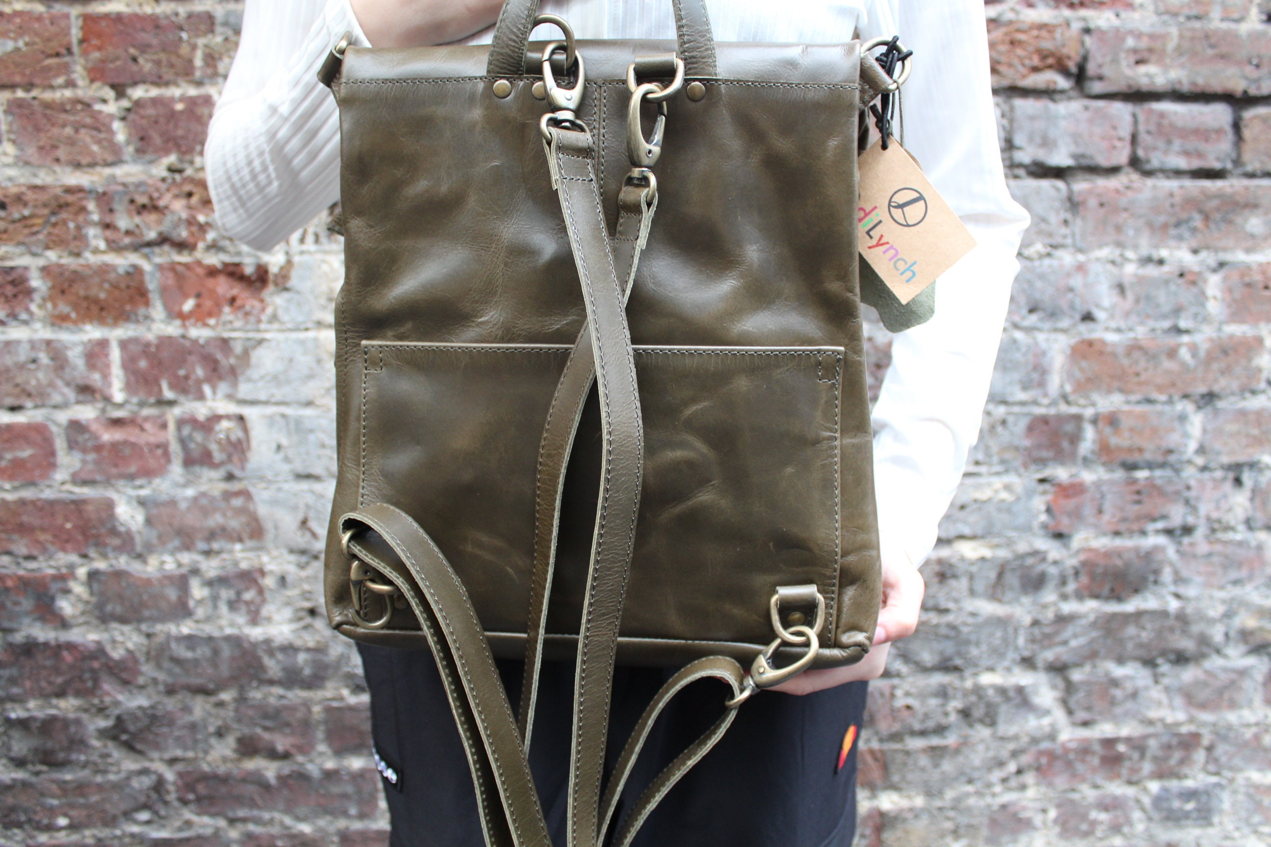 Olive Leather Convertible Backpack, 3-way Rucksack, Multi  display picture 1