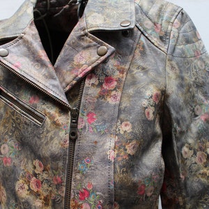 Floral printed Biker Jacket in Floral Spring Garden Greyish Leather, Pink red flowers, Tough leather, 3 zipped front pockets, Zipped sleeves