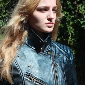 Metallic Blue Leather Biker Jacket: Zipped Sleeves, Brass Hardware