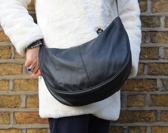 Slouch Black Leather Crossbody Bag: Boho Hobo Style, 'Bobby'