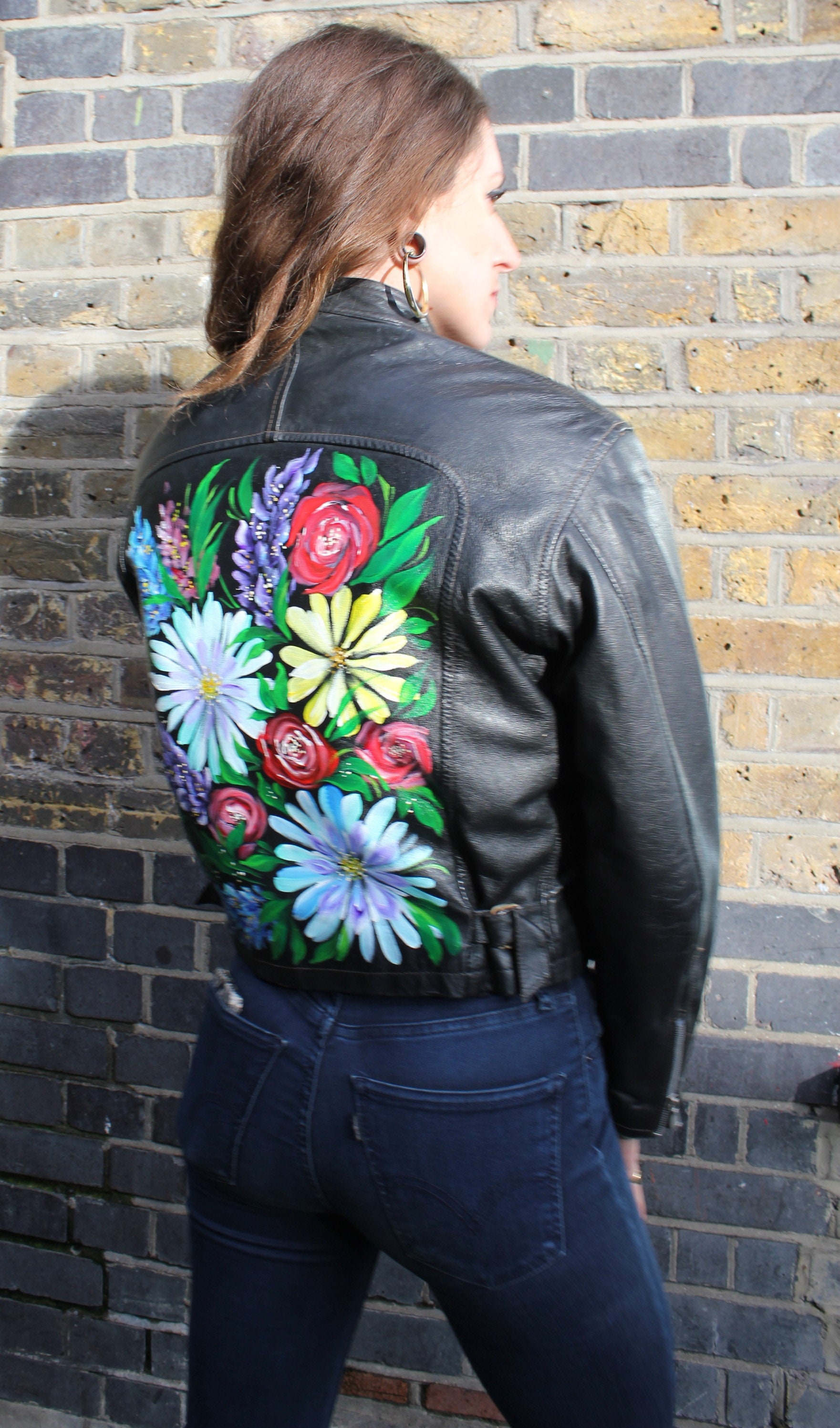 Image of Biker Jacket Vintage Lupins & Sunflowers On Black Leather Size