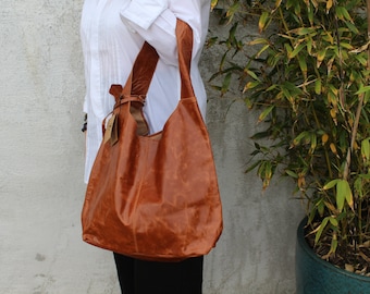 Tan Leather Hobo Bag: Boho Chic Slouchy Shoulder Bag