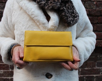 Clutch bag yellow Francesca flap, Front pocket clutch, Strapless bag, Medium yellow clutch, Fold over clutch wallet, Purse yellow large,