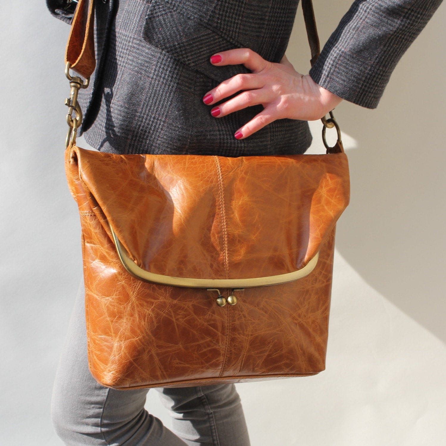 Fold Over Tan Leather Clasp Lock, Ball Clasp Cross Body