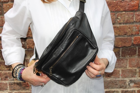 Black Leather Bum Bag, YKK Zips, Adjustable Strap, 'Belfast'