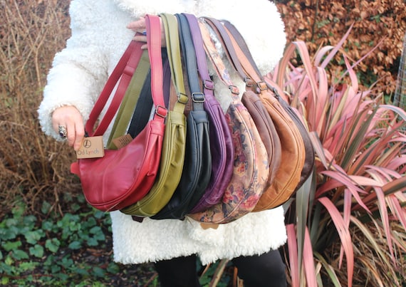 Tan Leather Crescent Sling Bag: Boho Hobo Chest Bag