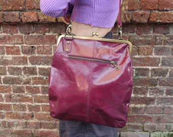 Purple Leather Kiss Lock Crossbody Bag - Vintage Style