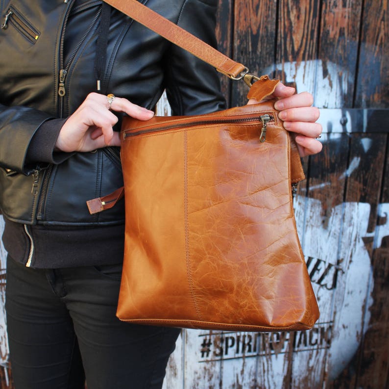 Odilynch Amelie, Tan smooth Leather Bag, Adjustable Messenger, Shoulder Bag, Cross-body, Foldover Zip Bag image 3