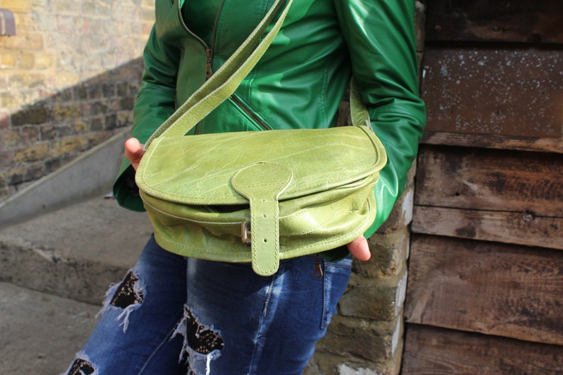 Saddle Bag Medium, Light green leather, Internal zip pocket, Very spacious for medium bag, Avocado green, Apple Green, Shoulder or crossbody image 9