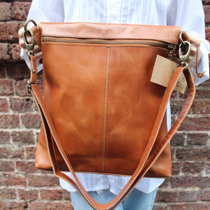 Odilynch Amelie, Tan smooth Leather Bag, Adjustable Messenger, Shoulder Bag, Cross-body, Foldover Zip Bag image 7