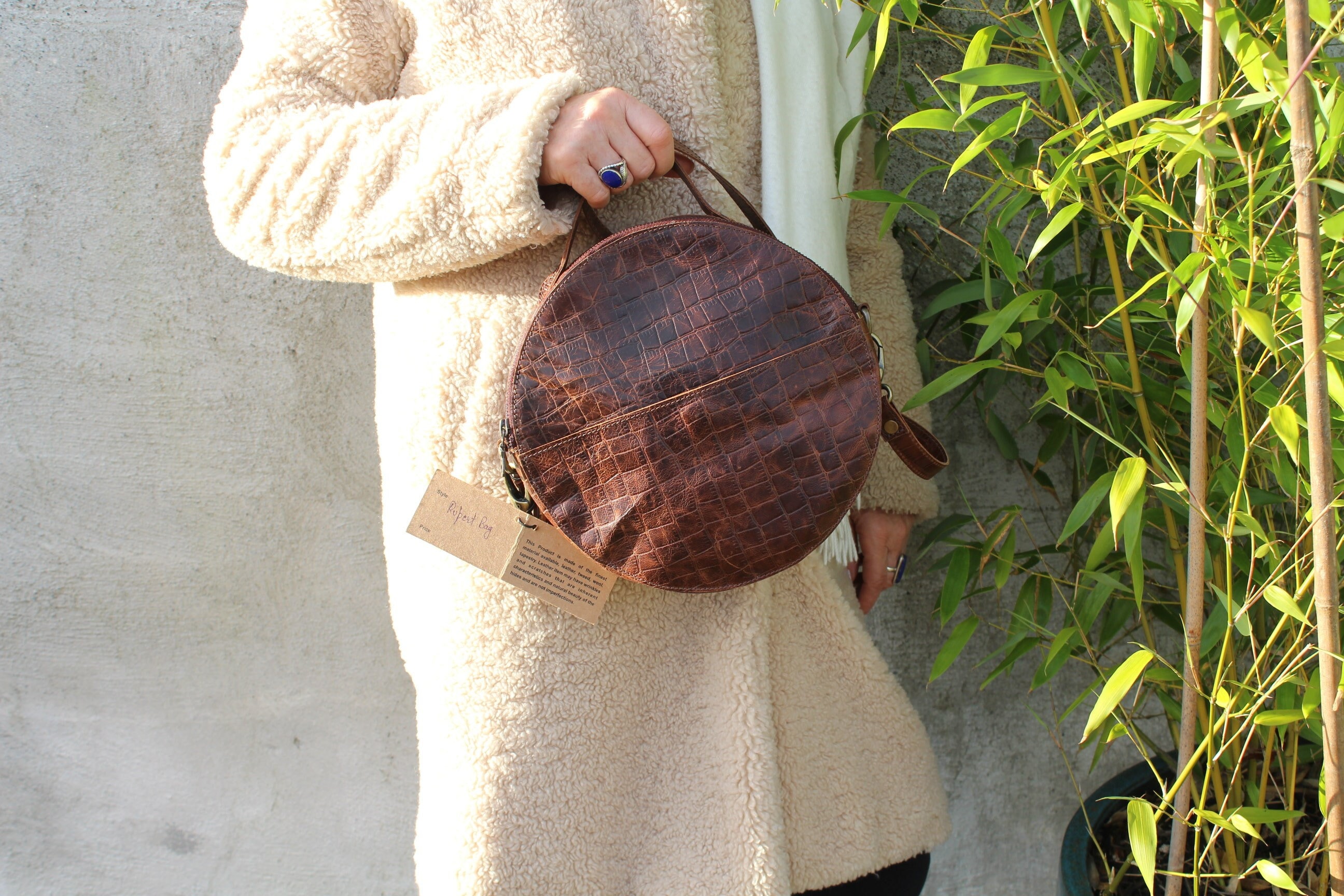 Croco inspired textured brown leather bag, Circular handbag, Brown round bag, Round brown leather cross body, Top handle round bag, Rupert
