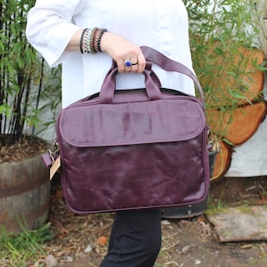 Purple Leather Laptop Bag: Berlin Executive Briefcase, Detachable Strap