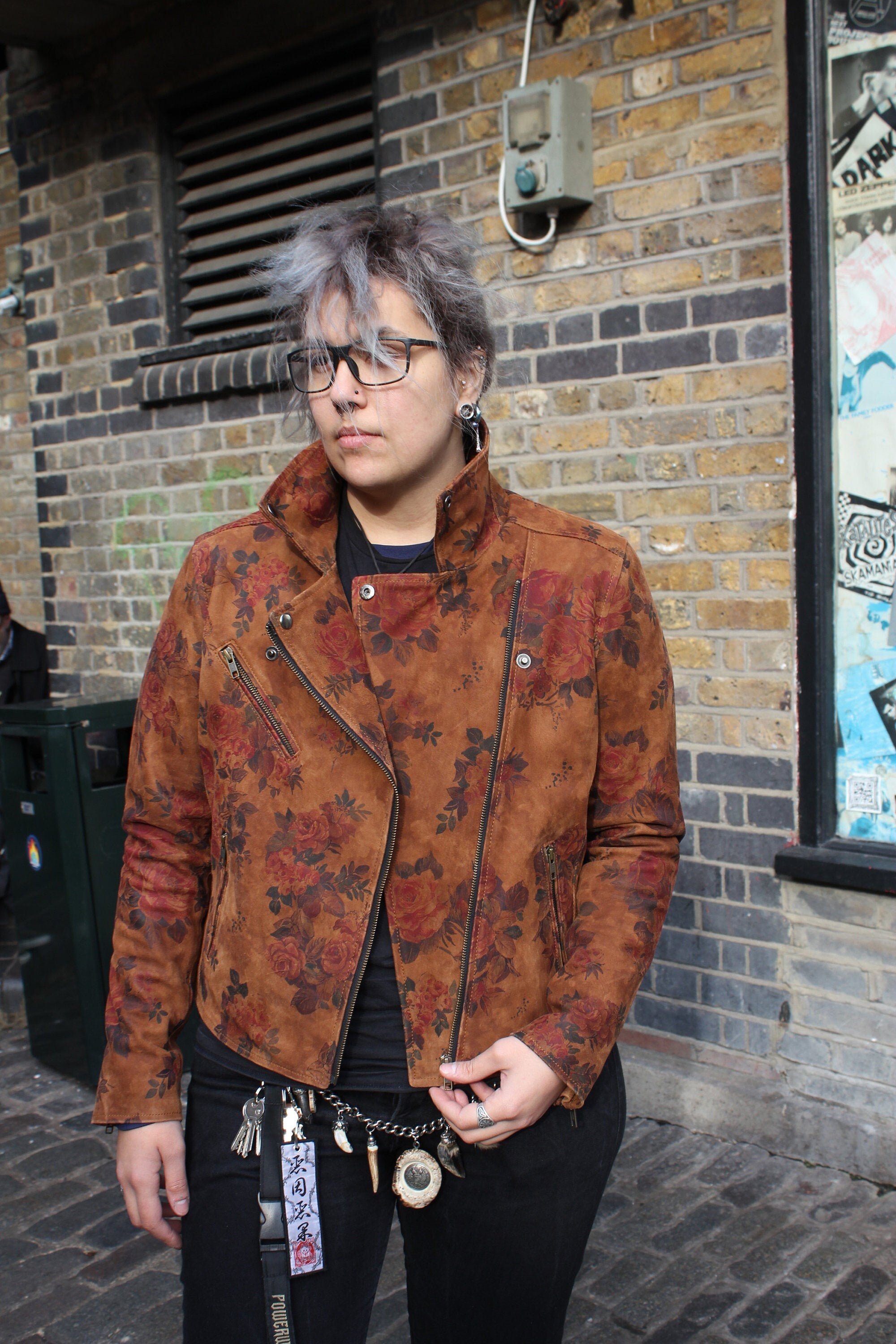 Image of Biker Jacket in Dark Floral Summer Garden Leather Suede