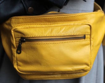 Yellow leather bum bag, Double pocketed, Durable thick leather, YKK zips, Double front compartments, Inner zip pocket, Strong lining, Gift