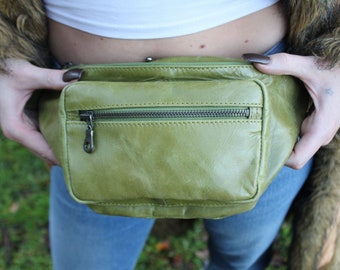 Double Bum Bag, Apple Green leather, Fanny pack, Hip bag, Two exterior compartments, YKK zips, Interior zip, Adjustable strap, Chest bag