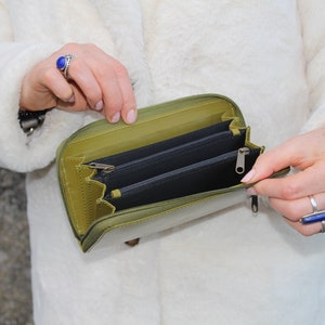 Portefeuille vert avocat avec fermeture éclair, Grand portefeuille zippé, Portefeuille multi-porte-cartes, Pochette en cuir, Deux zones intérieures de fermeture éclair, Cartes