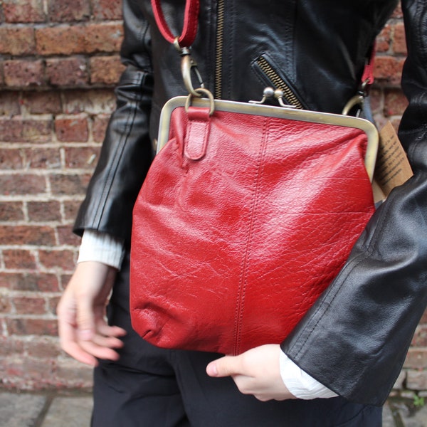 Red Leather Crossbody Bag: Malaga Top Clip Kiss Lock Purse