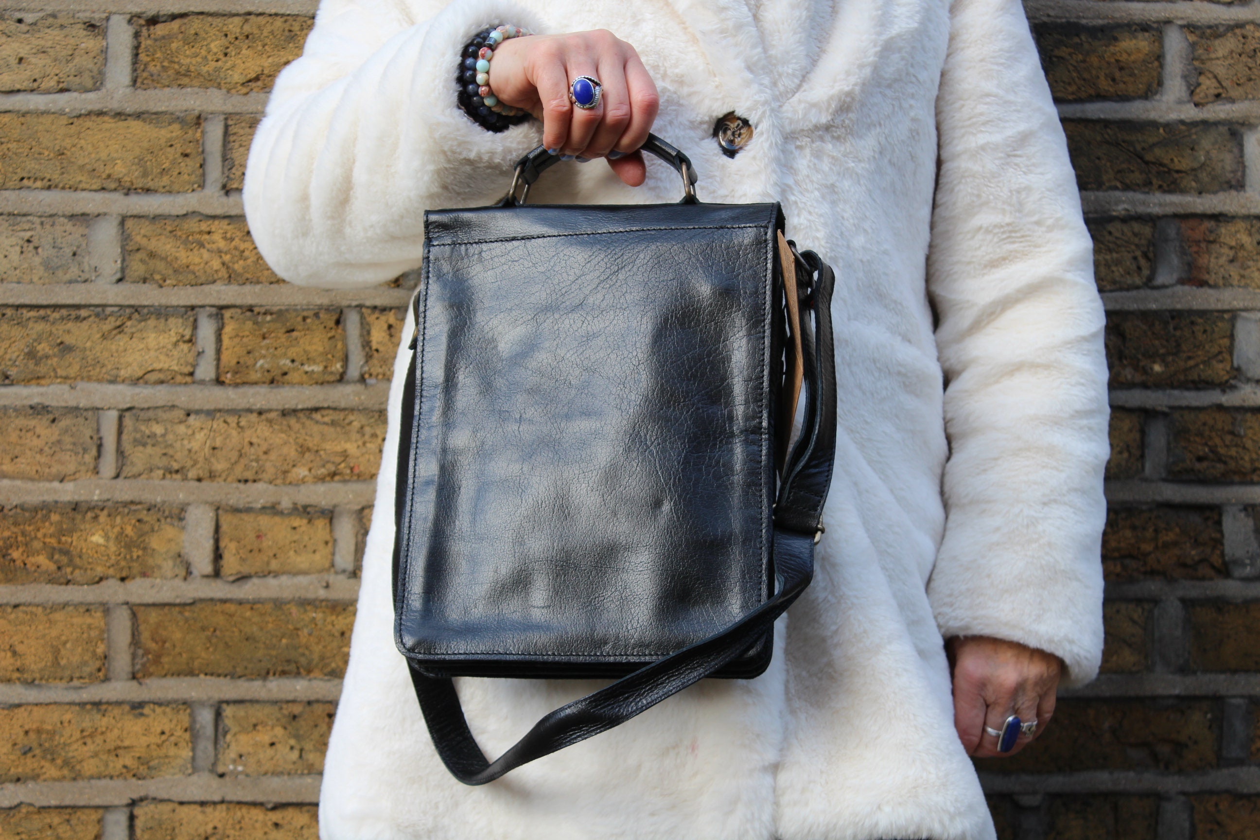 Satchel Level Lock, Black Leather Artist Bag, Multi Pocket