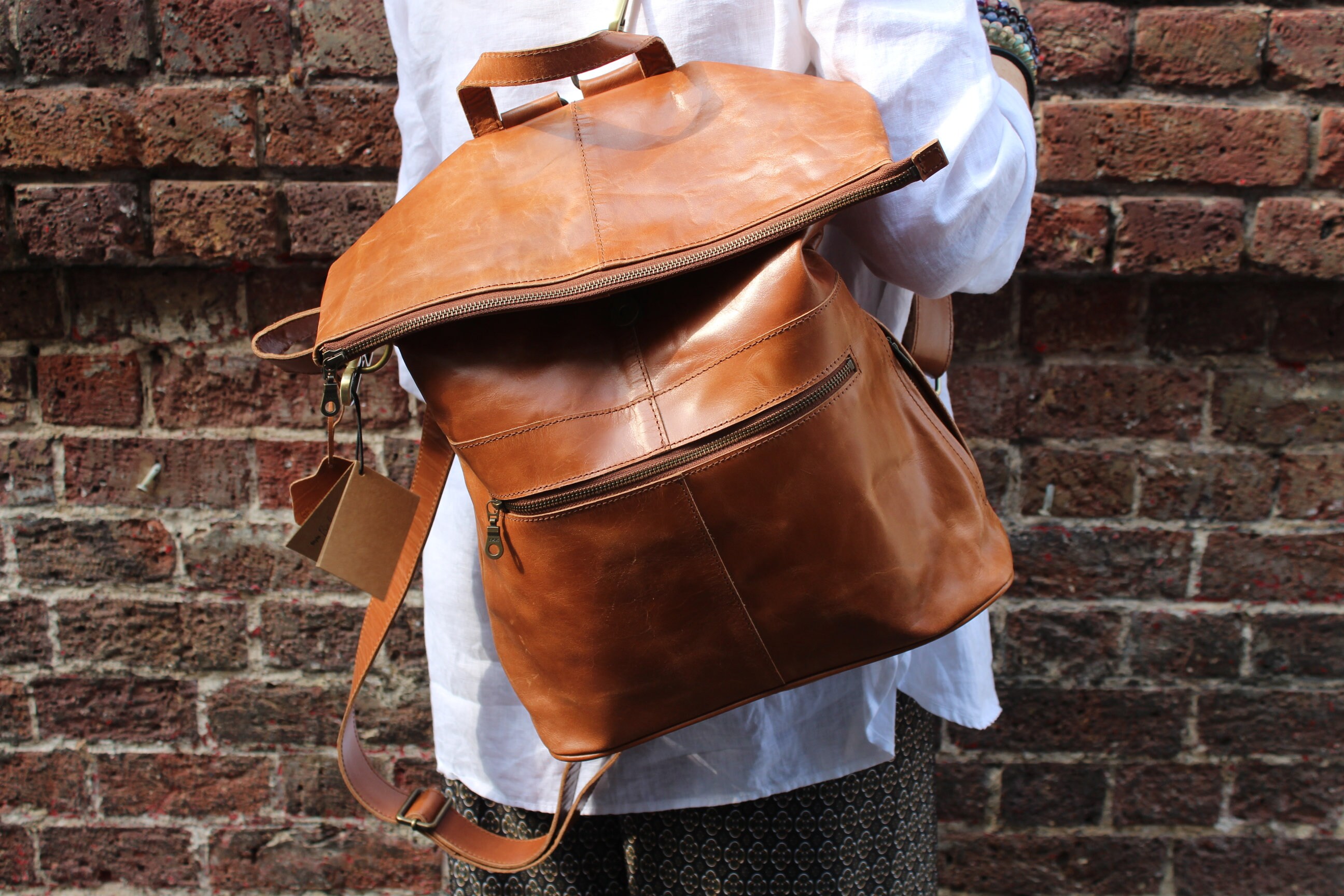 Tan Leather Zipped Backpack: Flap Over Multi-way Bag, Laptop 